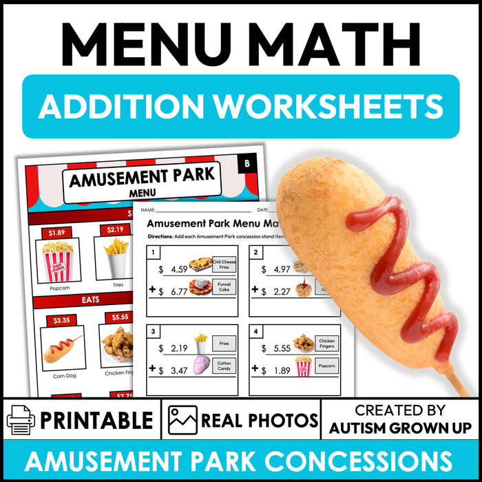 Menu Math Worksheets | Amusement Park Concession Stand | Addition