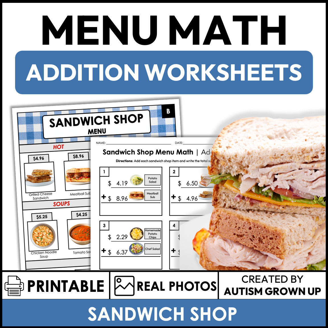 Menu Math Worksheets | Sandwich Shop | Addition — Autism Grown Up
