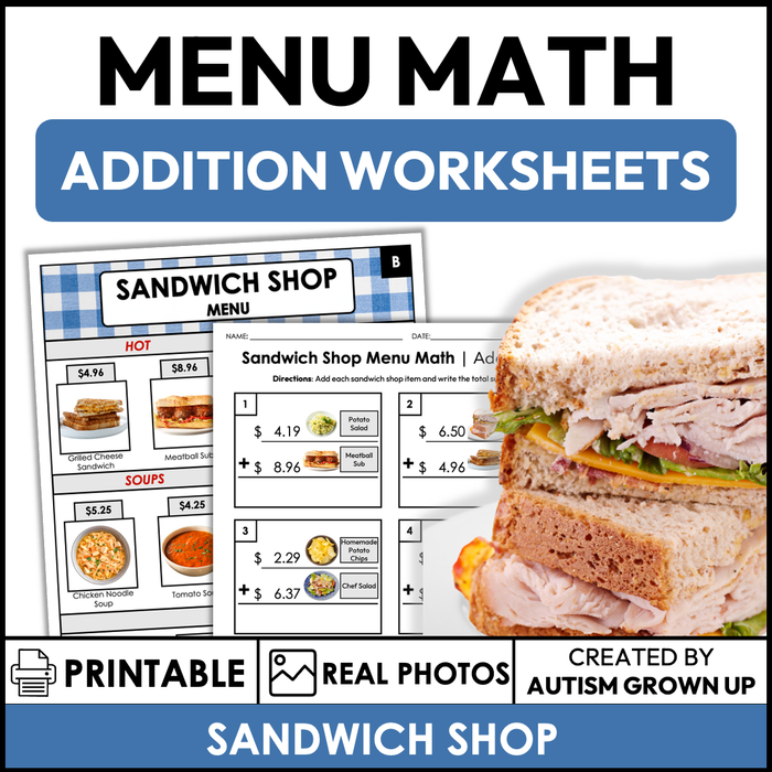 Menu Math Worksheets | Sandwich Shop | Addition