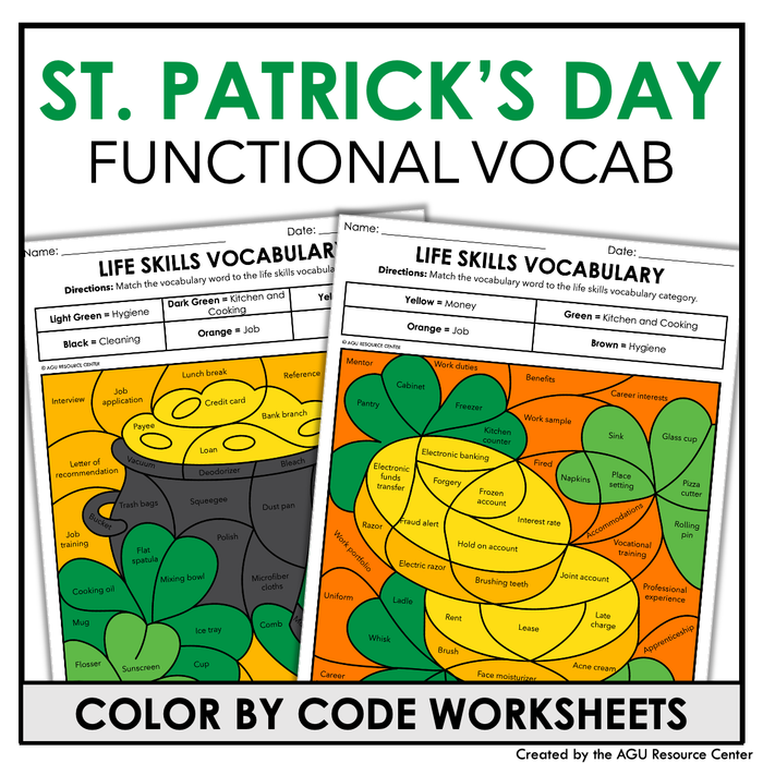 St. Patrick's Day - Life Skills Functional Vocabulary - Color by Code Worksheets