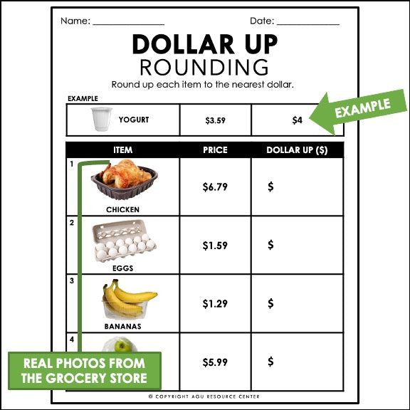 Dollar Up Worksheet | Grocery Items Under $10 | Money Math | Digital & Printable