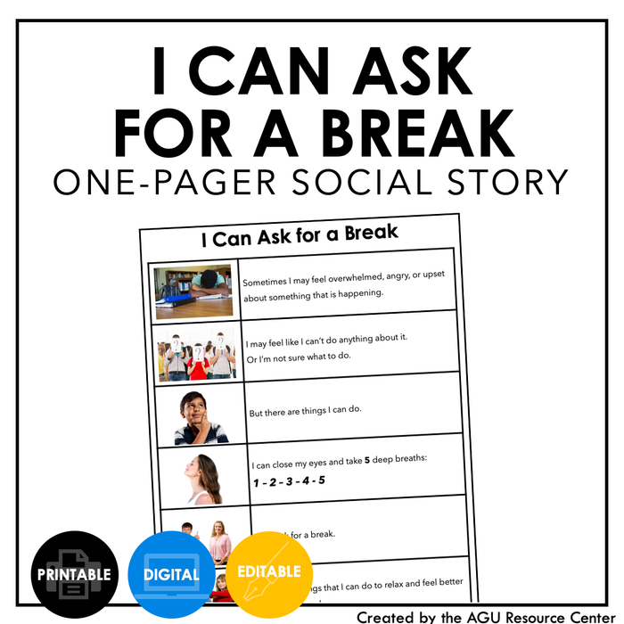 I Can Ask for a Break Social Story | ONE-PAGER | EDITABLE