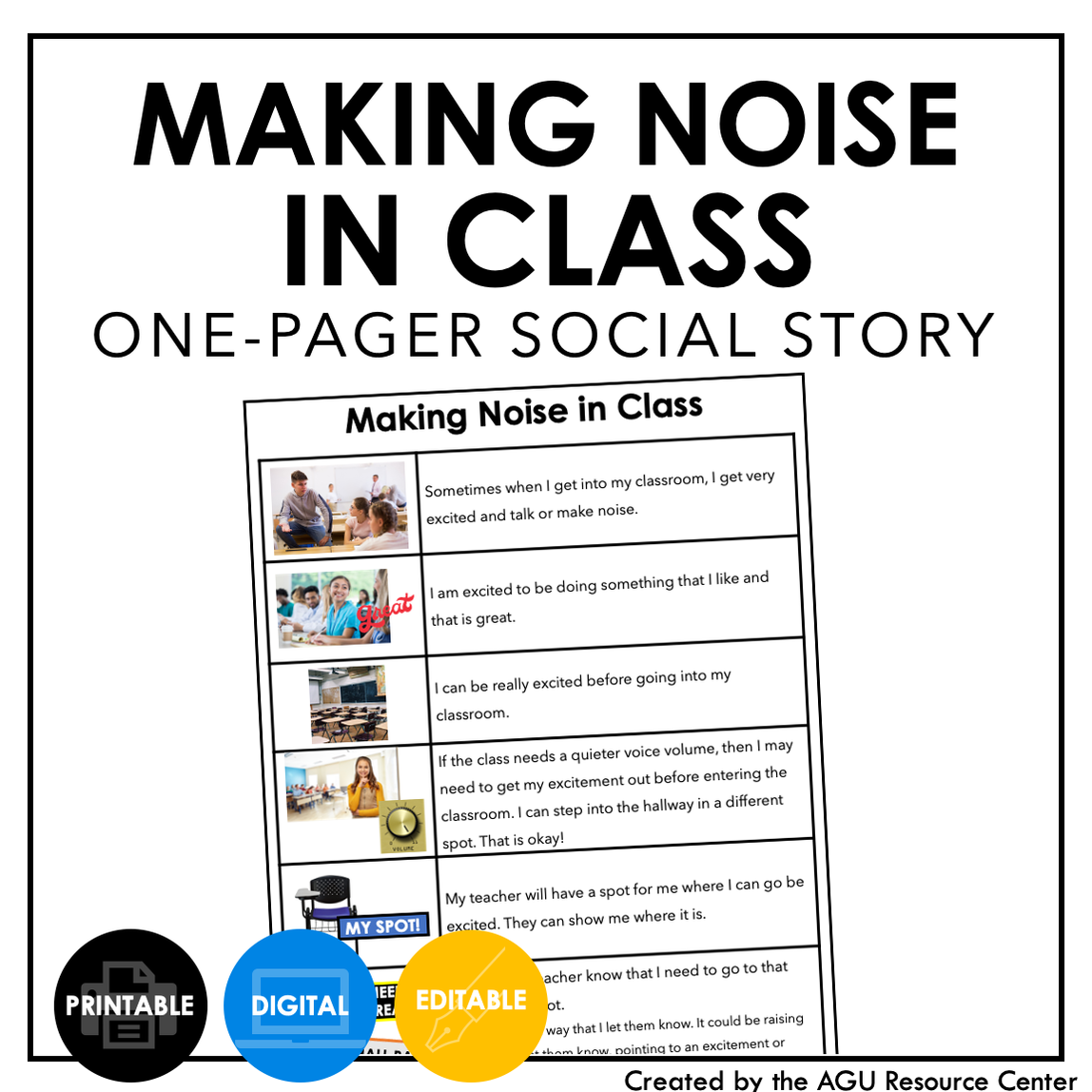 Making Noise in Class Social Story ONEPAGER EDITABLE — Autism Grown Up